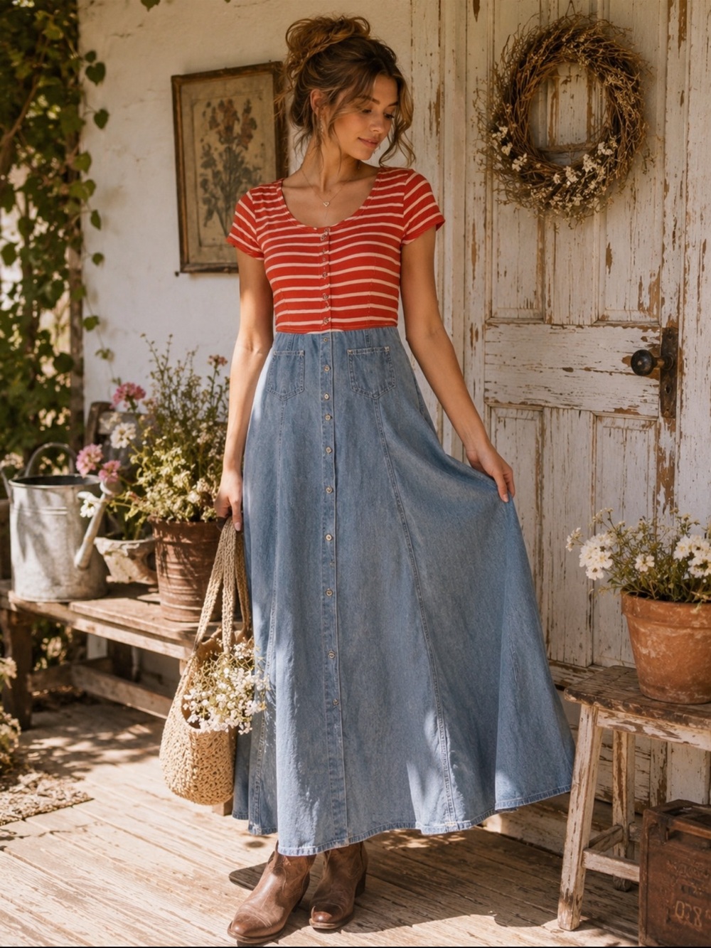 Vintage Stampede Red Stripe Denim Maxi Dress Small Made in USA